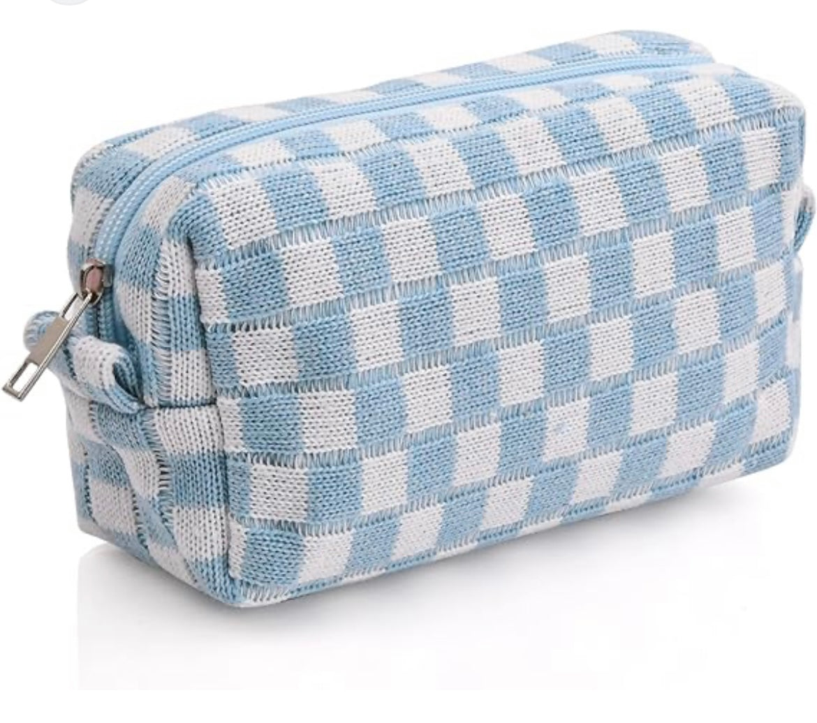 Large Checkered Pencil Case - Blue