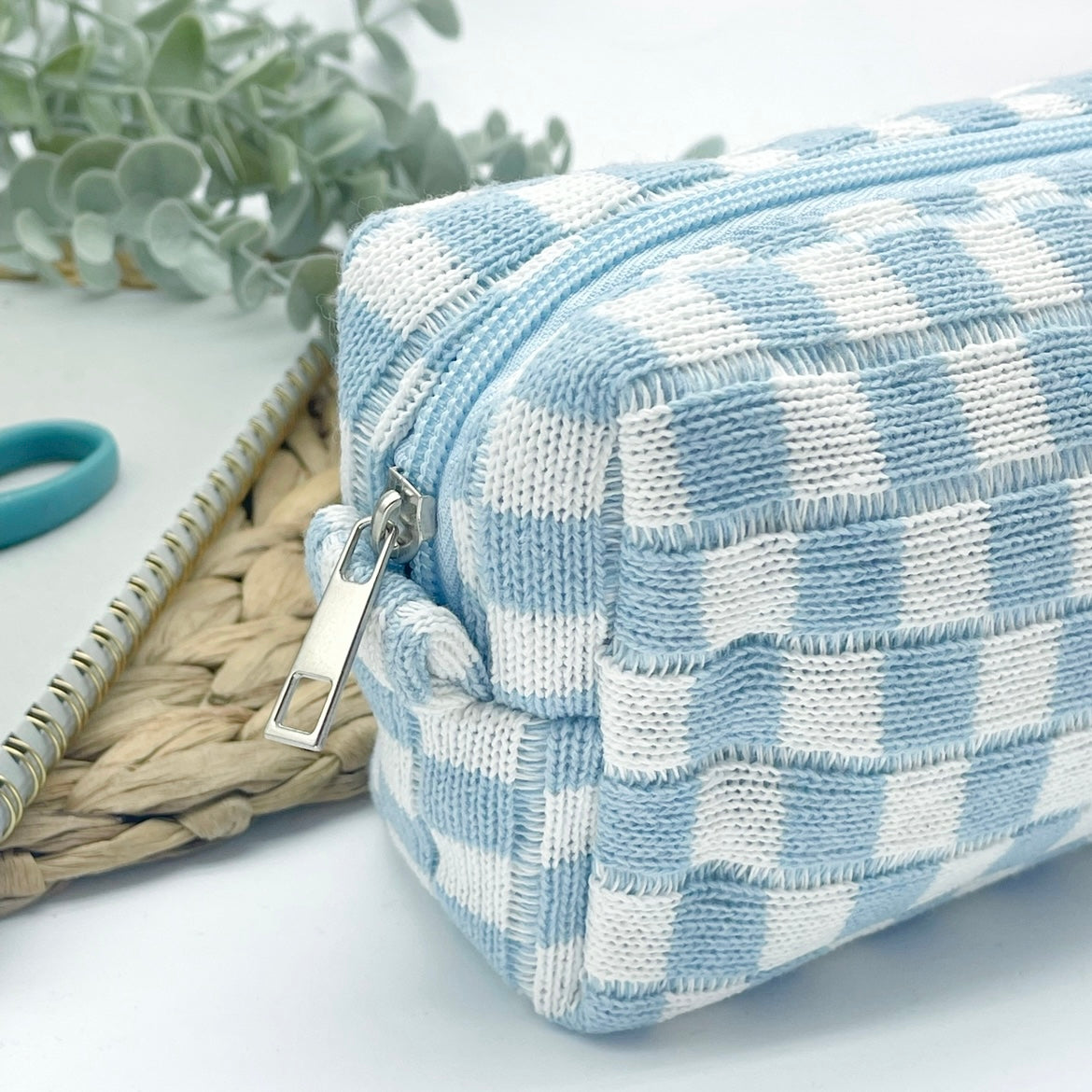 Large Checkered Pencil Case - Blue
