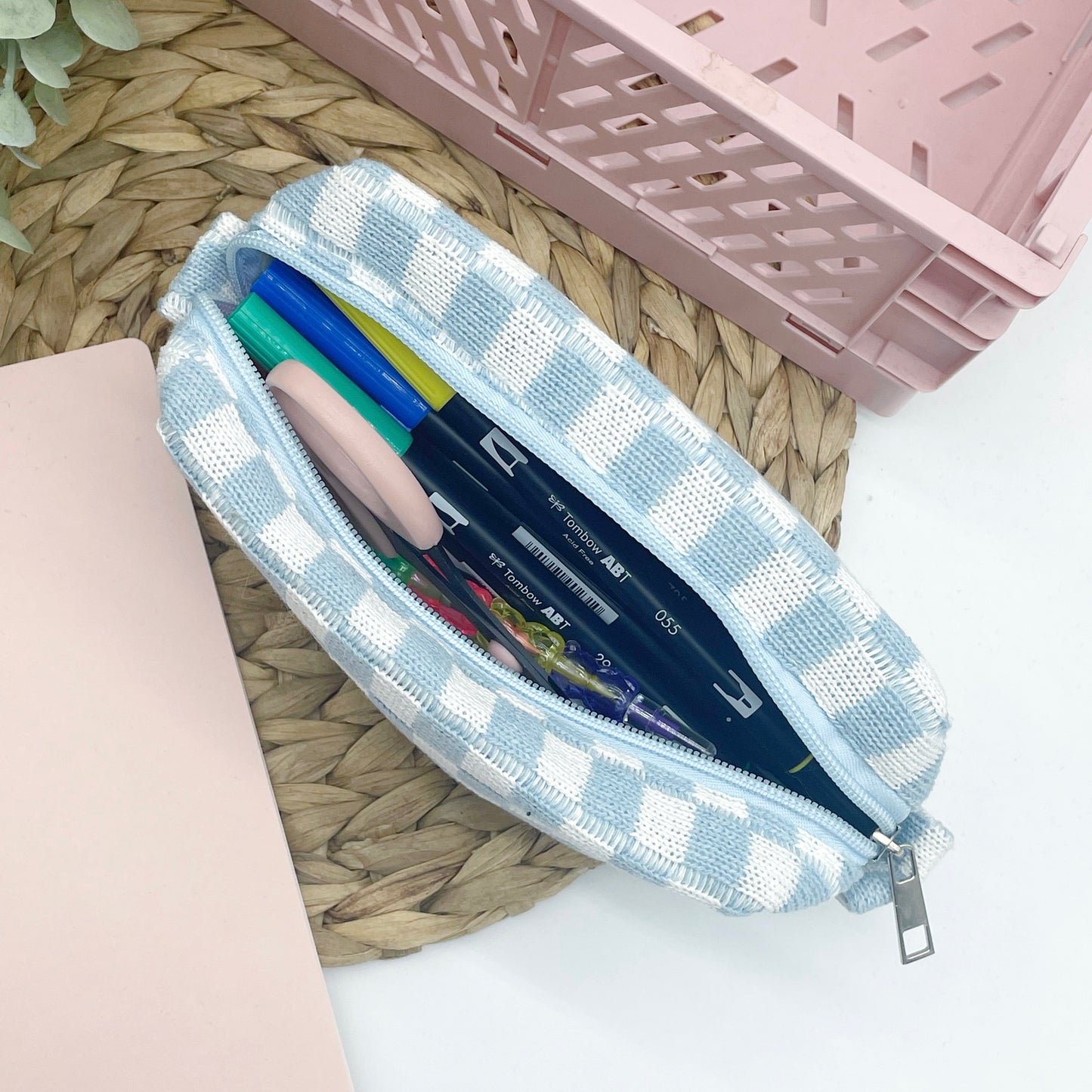 Large Checkered Pencil Case - Blue